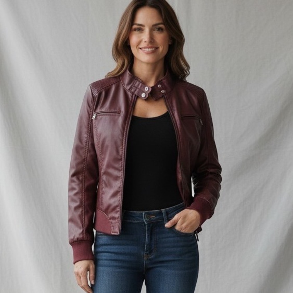 Ci Sono Women's Vegan Faux Leather Jacket Sz S Burgundy Moto Bomber Quilted Fall